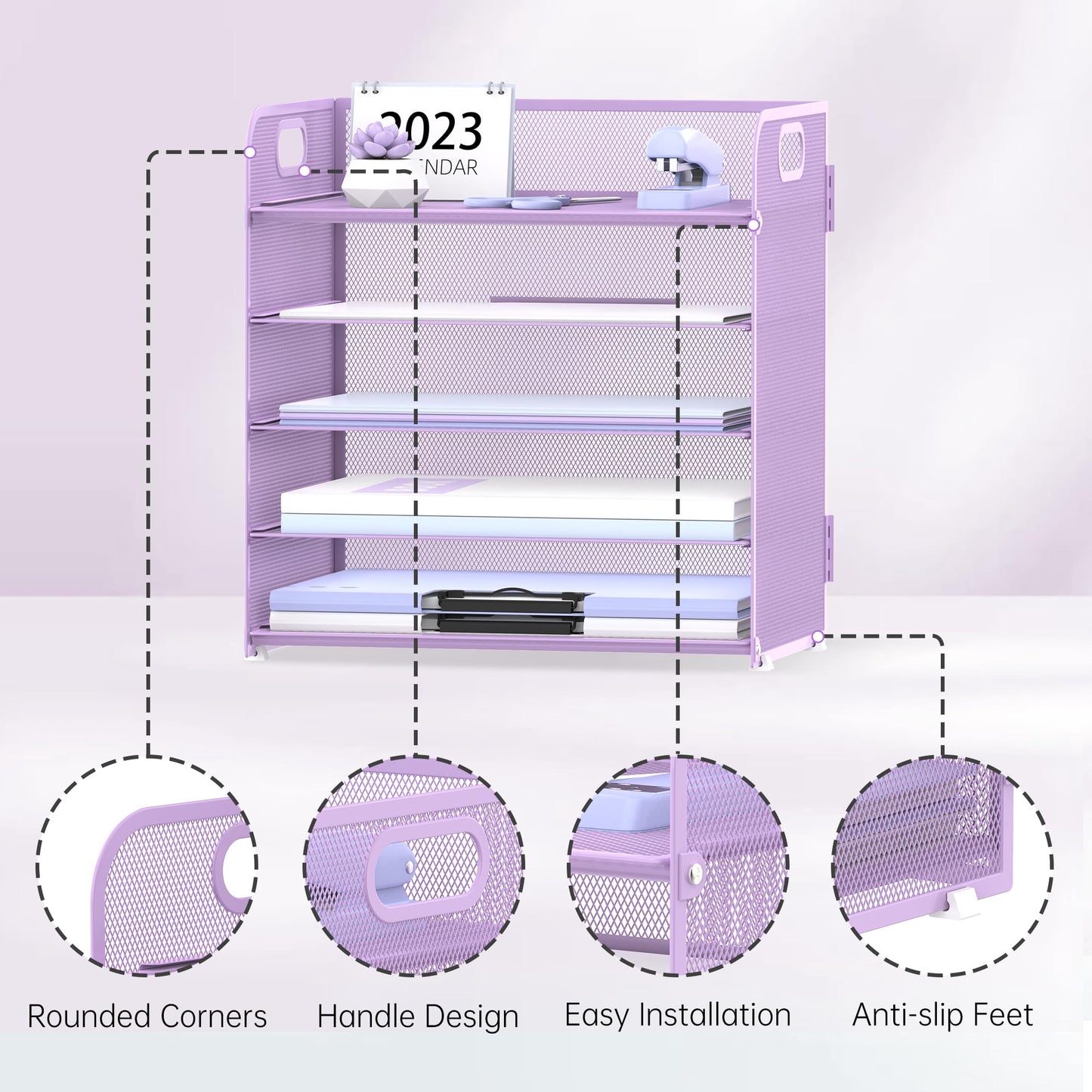 Supeasy 5 Trays Paper Organizer Letter Tray with Handle-Mesh Desk File Holders, Paper Sorter Desk Organizer for Office, Home, Classeoom or School, Purple