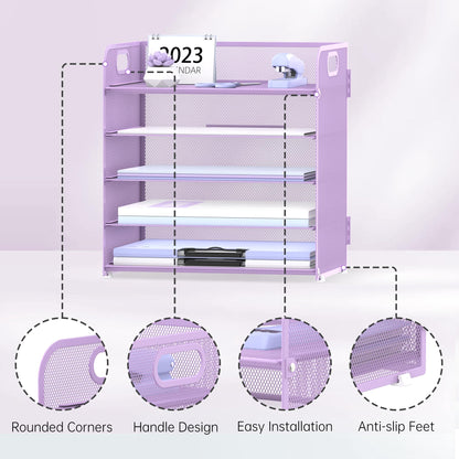 Supeasy 5 Trays Paper Organizer Letter Tray with Handle-Mesh Desk File Holders, Paper Sorter Desk Organizer for Office, Home, Classeoom or School, Purple