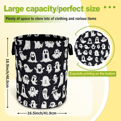 Cute Ghost Laundry Basket Funny Spooky Foldable Waterproof Oxford Cloth Tote Bag Laundry Hamper Round Large Clothes Storage Bucket Organizer For Bathroom/Laundry Storage/Bedroom 18.9x16.5 Inch