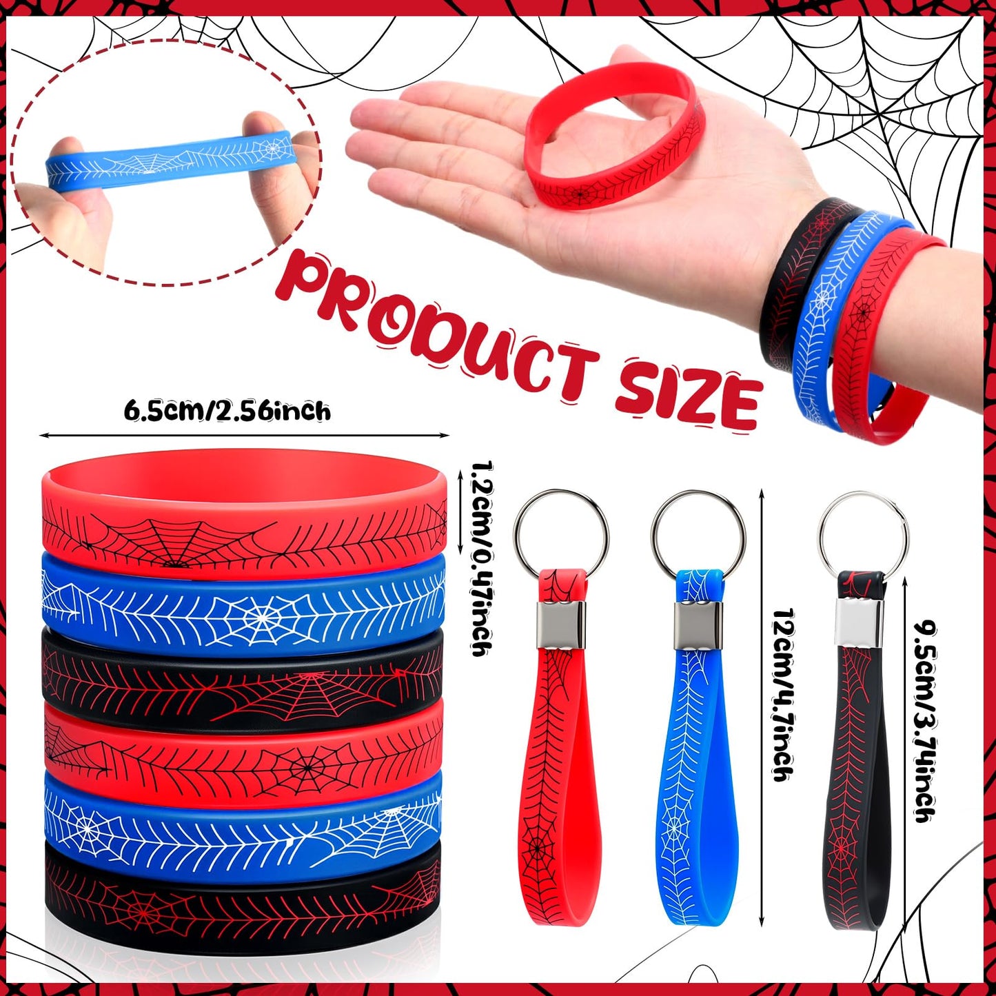 Simgoing 120 Pcs Spider Party Favors Include Spider Sunglasses, Web Gift Tote Bags, Blue Red Black Rubber Wristbands, Silicone Keychains and Sticky Webs for Birthday Comic Themed Party Decoration