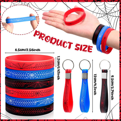 Simgoing 120 Pcs Spider Party Favors Include Spider Sunglasses, Web Gift Tote Bags, Blue Red Black Rubber Wristbands, Silicone Keychains and Sticky Webs for Birthday Comic Themed Party Decoration