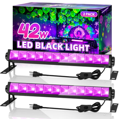 TigQiang 2 Pack 42W LED Black Light Bar, Blacklight with 6FT Cord+Switch+Plug, Glow in The Dark Black Lights Party Supplies,Halloween Lighting Decorations, Fluorescent Poster, Body Paint, Classroom