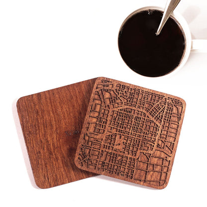 Xi'an Map Coaster by O3 Design Studio, Set of 4, Sapele Wooden Coaster with city map, Multiple city optional, Handmade