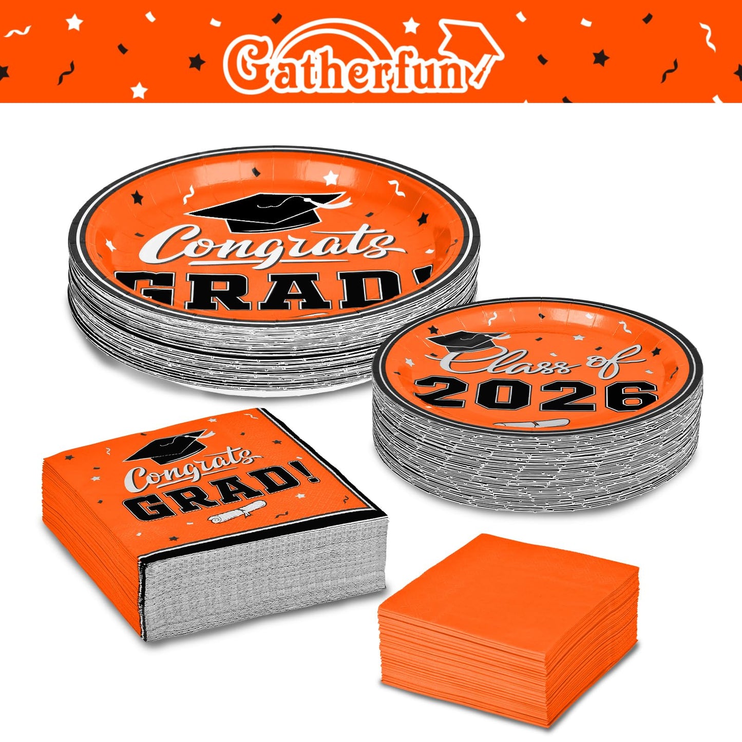 Graduation Party Plates and Napkins Gatherfun Graduation decorations 2026 Orange Disposable Paper Plates Luncheon Napkins Cocktail Napkins for Congrats Grad Party Decorations, Serve 50