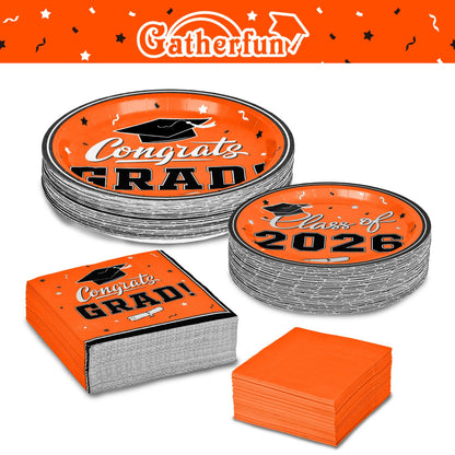 Graduation Party Plates and Napkins Gatherfun Graduation decorations 2026 Orange Disposable Paper Plates Luncheon Napkins Cocktail Napkins for Congrats Grad Party Decorations, Serve 50