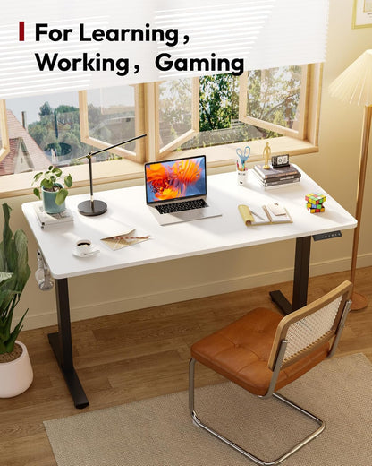 SANODESK Electric Standing Desk 48 x 30 Inches Whole-Piece Desktop Height Adjustable Stand Up Desk w/6-Button Controller Ergonomic Computer Desk for Home Office, Black Frame + White Tabletop