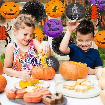 Halloween Hanging Decorations Paper Lanterns with Lights, Pumpkin Bat Skeleton Lanterns Spider for Indoor & Outdoor Spooky Home Decor Halloween Party Supplies Props 10" (8 LED Light)