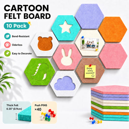 HBK 10 Pack Self Adhesive Felt Bulletin Board Tiles for Wall, 12 Inch Hexagon Pin Board Set with Cute Shapes and Push Pins, Photo Memo Board for Kids Room, Nursery, Classroom, Home Office Decor