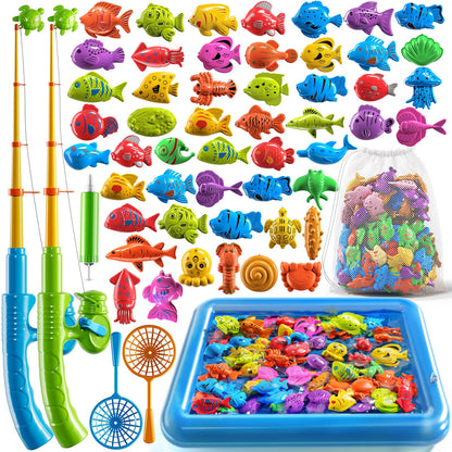 PEADUCK Magnetic Fishing Game Pool Toys Set for Kids 3-5, Water Table Bathtub Toys with Inflatable Pool Pole Rod Net Plastic Floating Fish, Outdoor Toys for Kids Boys Girls Age 3 4 5 6 7 8 Year Old
