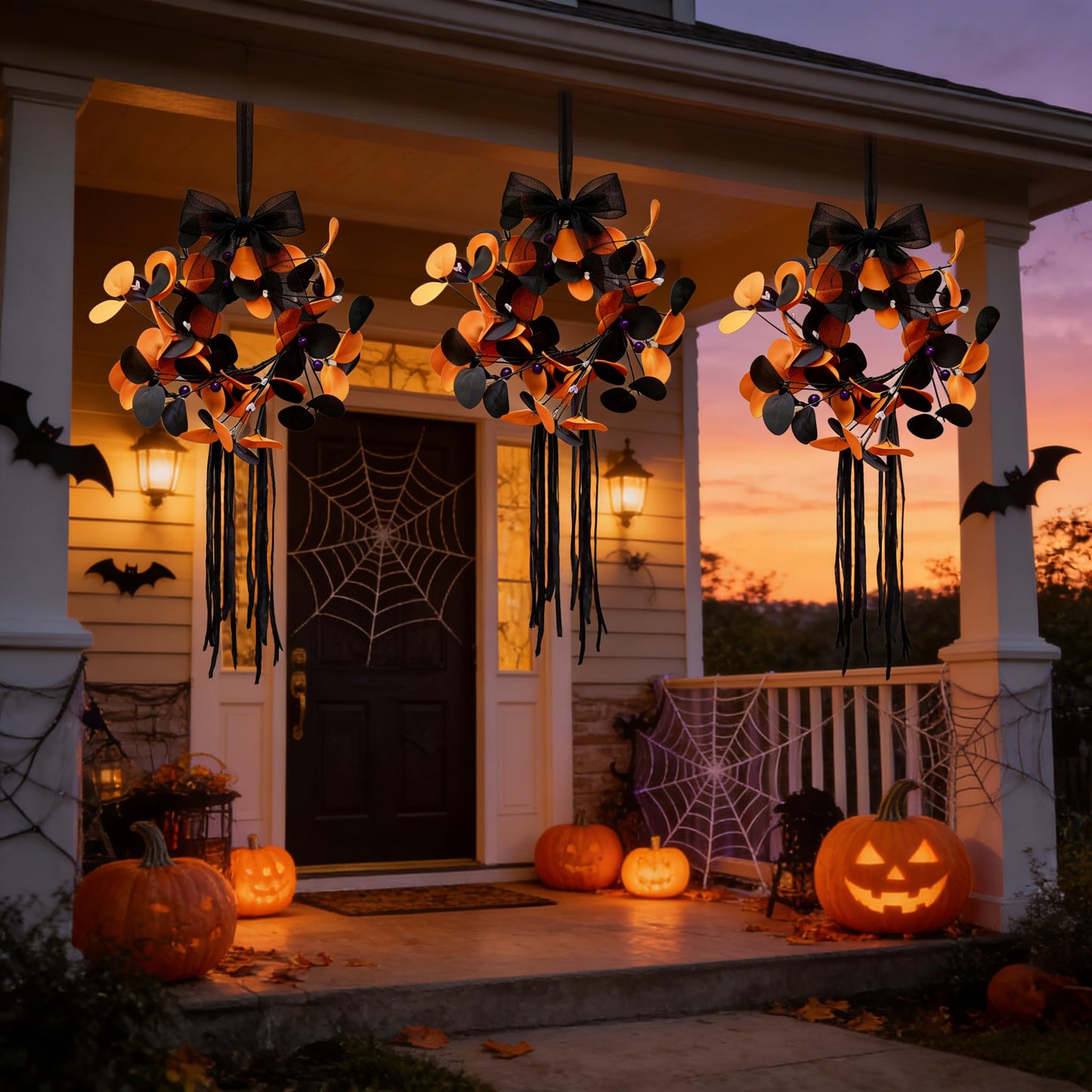 4 Pcs Small Halloween Hanging Wreaths with Artificial Orange Black Eucalyptus Leaves Dark Purple Berry Beads Gothic Mini Cabinet Wreath for Home Table Centerpieces Kitchen Halloween Party Decor