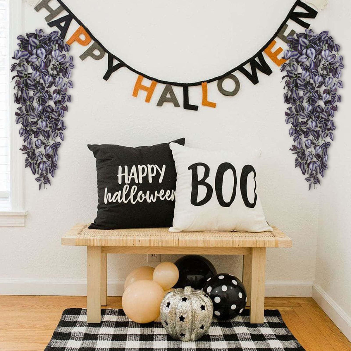 BLEUM CADE Fake Hanging Plants, 4pcs Artificial Hanging Plant, Faux Deep Purple Vines Hanging Plant for Wall Home Living Room Indoor Outdoor Halloween Decor (No Baskets)