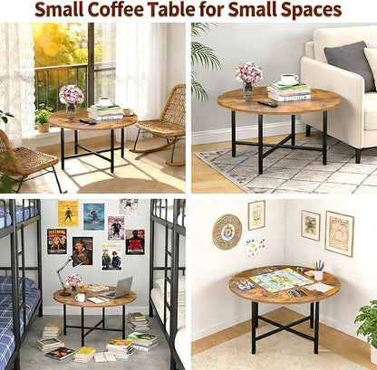 FAMIDGE Round Coffee Table, 23.6" Small Coffee Tables for Living Room, Circle Coffee Table with Metal Frame, Floor Table Desk for Sitting on The Floor, Home, Office, Rustic Brown