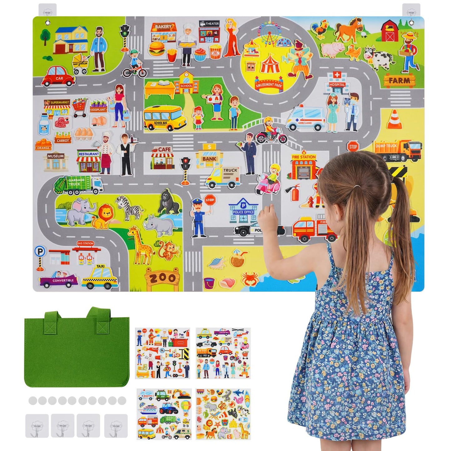 maglala Traffic Felt Busy Board for Toddlers, 40″ x 28″ Large Wall Toy 95PCS Car Road Play Set, Montessori Sensory Toys, Autism Learning Activities, Preschool Educational Gifts for Boys Girls Age 2-5
