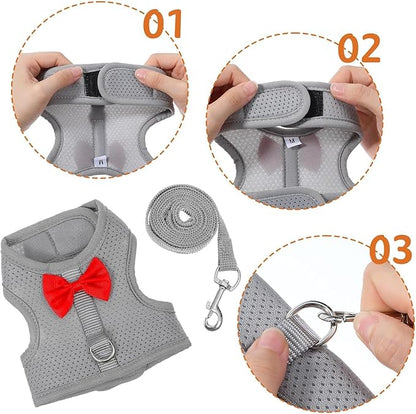 Rabbit Harness and Leash Set, with Cute Bow Soft Breathable Mesh Bunny Vest Harness for Rabbits Kitten Ferret Puppy Small Pets Walking (Black, M)
