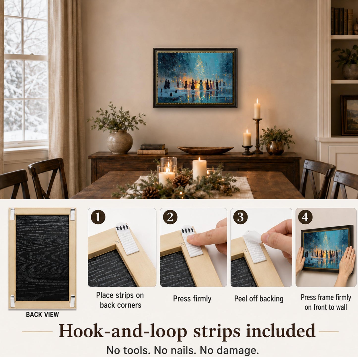 Vbaourut Framed Halloween Witch Wall Art, Magical Coven Canvas Painting, Spooky Forest Poster with Dark Brown Frame and Upgraded Hook and Loop for Living Room, 12x16 in