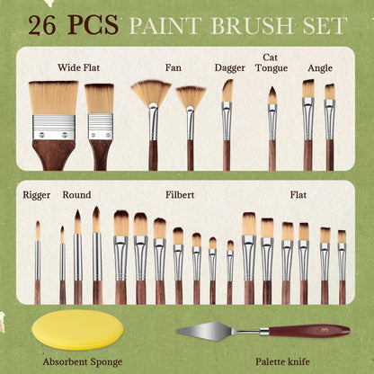 26-Piece Nylon Paint Brush Set – Zipper-Sealed Case, Independent Brush Compartments, Foldable Stand, for Beginners & Professionals