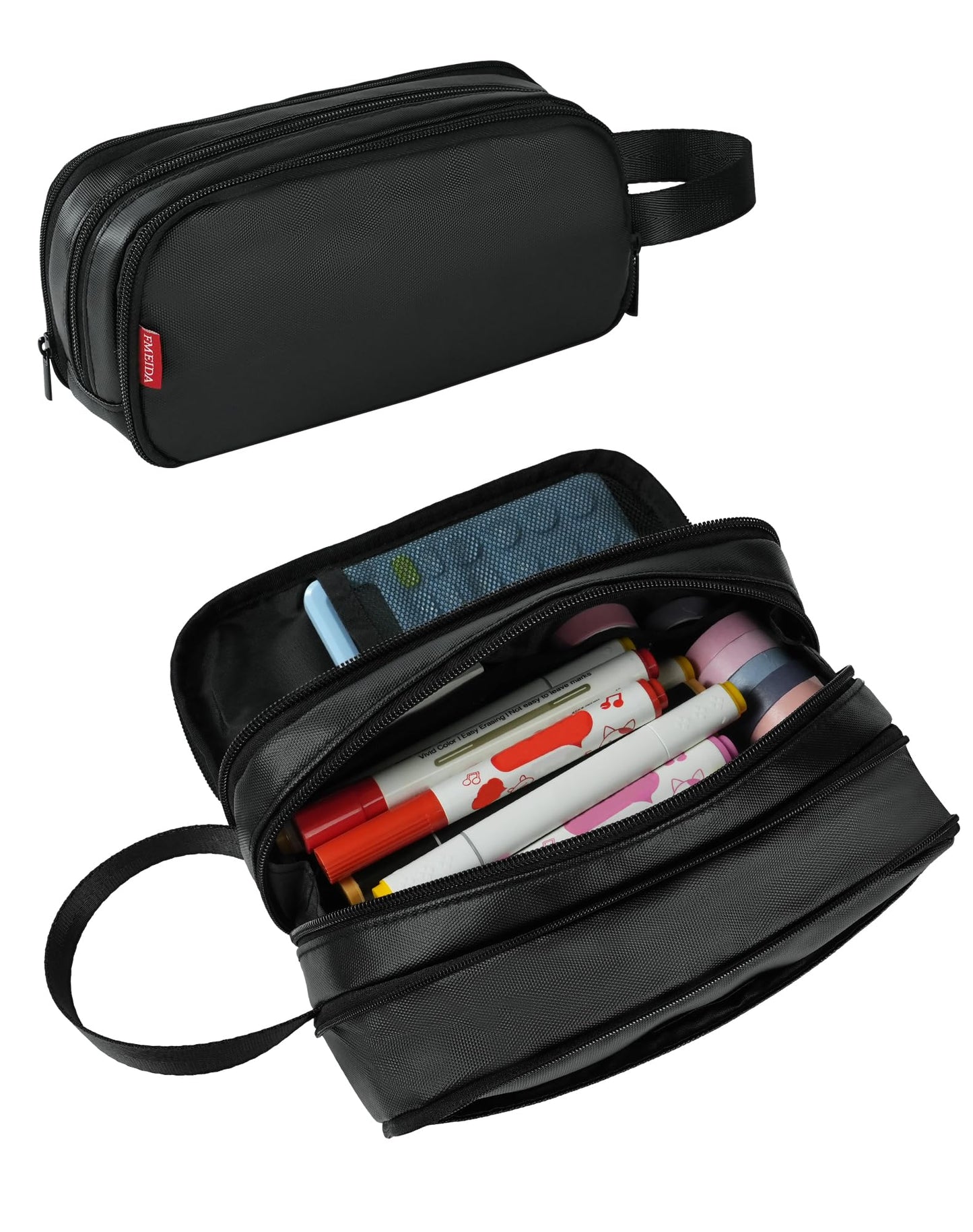 Fmeida Pencil Case Pouch Expandable - Large Pencil Pouch Aesthetic Pencil Bag with 5 Compartments Office Stationery Organizer Pen Bag with Handle for Adult Men Women - Black PU