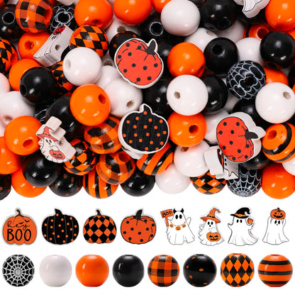 Whaline 210Pcs Halloween Wooden Beads Ghost Pumpkin Spider Web Craft Bead Black Orange Round Loose Beads for DIY Crafts Bracelet Necklace Making Supplies