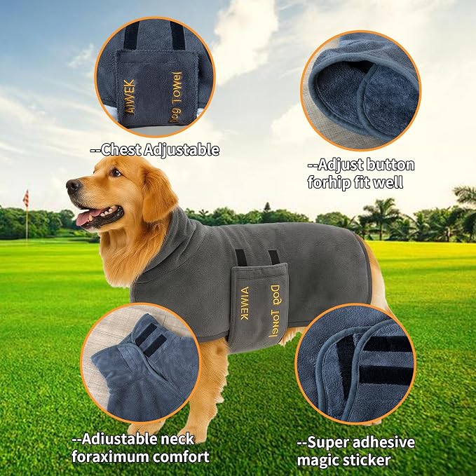Dog Towel Dog Bathrobe, Microfiber Super Absorbent Pet, Quick Drying Robe for After Bath, Adjustable Collar & Belly Strap Pet Cat Bath Robe Towel Grey-M