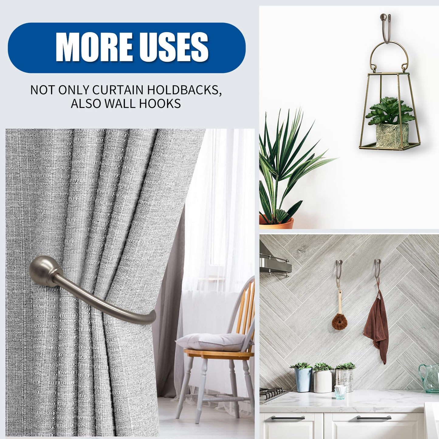 ARNORX Curtain Holdbacks Hooks Solid Steel Hooks Decorative French Ball End Curtain Drapery Tiebacks Heavy Duty, 2 PCs, Nickel Brushed