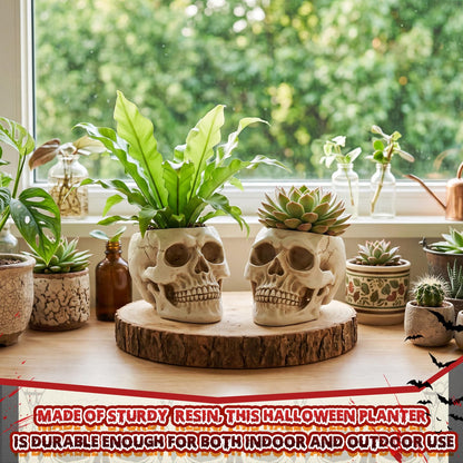 Acellegic 2 Pack Skull Planter Resin Skull Head Flower Pot Candy Bowl Spooky Gothic Decoration for Tabletop Home Bar Office Desk Halloween (Antique White, Minimalist)