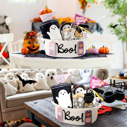 Reallnaive Halloween Boo Woven Basket Cute Storage Spooky Basket with Handle Boo Woven Trick or Treat Gift Organizer for Halloween Party Favors and Decorations Women Men(White,12 x 8 Inch)