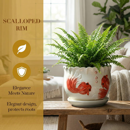 KinzhaoAuroia Ceramic Planter with Saucer - 3D Embossed Goldfish Design, Scalloped Edge Decorative Flower Pot for Indoor Outdoor Succulent Cactus, White Porcelain Plant Container with Drainage Hole