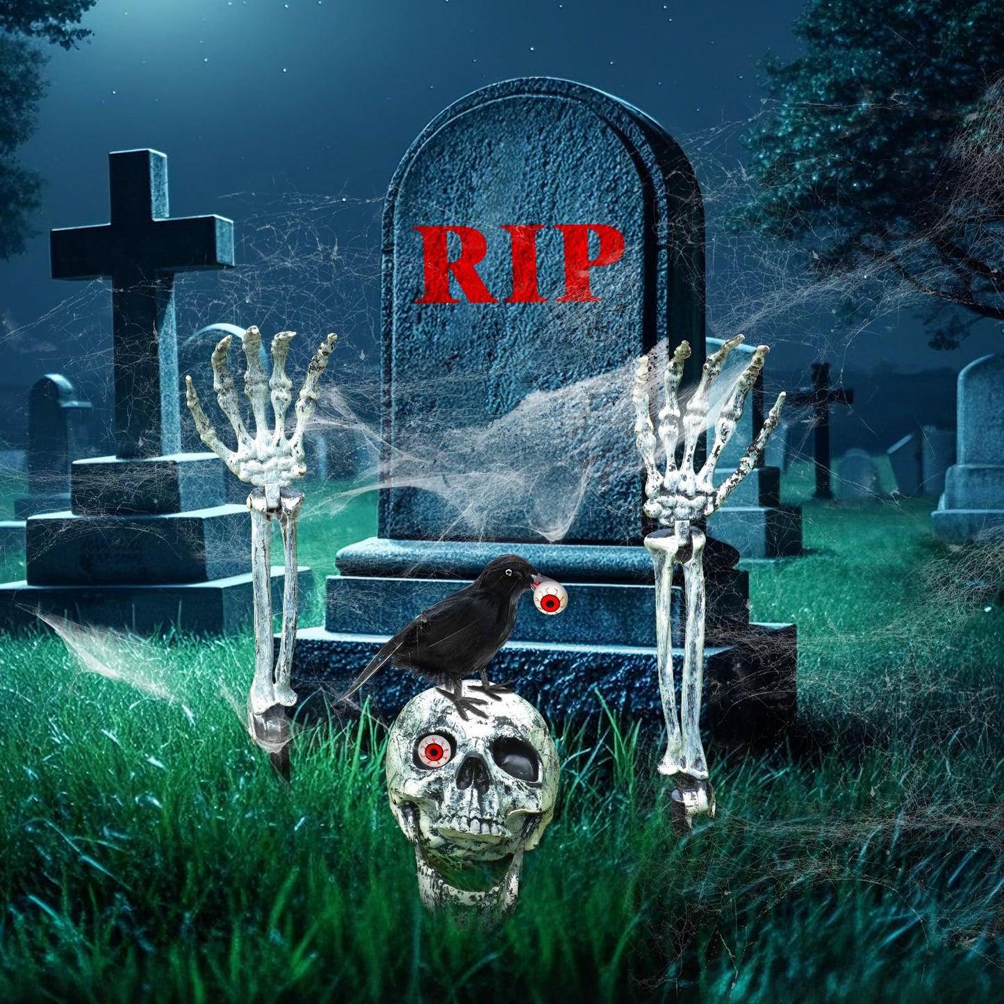 Skeletons Halloween Decorations Outdoor, Realistic Skeleton Hands and Head with Crow and Red Eyes for Graveyard Yard Lawn Garden Decoration