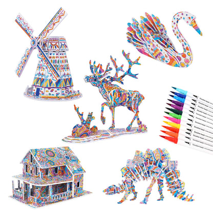BEARUN 3D Coloring Puzzle Set, Arts and Crafts for Girls and Boys Age 6 7 8 9 10 11 12 Year Old, Fun Educational Painting Crafts Kit with Supplies for Kids, Birthday Toy Gift for Kids