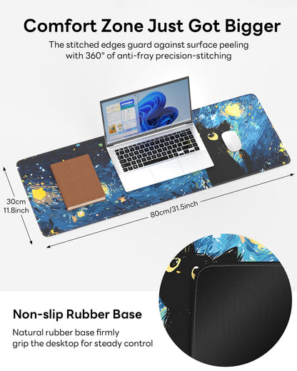 Velluxion Starry Night Cat Mouse Pad, 31.5 x 11.8 Large Desk Mat with Stitched Edges & Non-Slip Base, Mousepad for Office, Home, Work