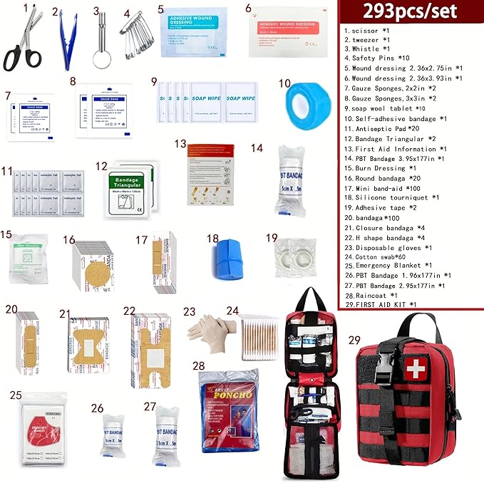 293Pcs/set - First Aid Kit Molle Pouches Emergency Survival Kit Suitable for Outdoor Activities, Home, School, Hiking, Car Travel and Camping - Quick Response First Aid Essentials (Red)