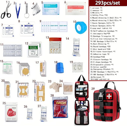 293Pcs/set - First Aid Kit Molle Pouches Emergency Survival Kit Suitable for Outdoor Activities, Home, School, Hiking, Car Travel and Camping - Quick Response First Aid Essentials (Red)