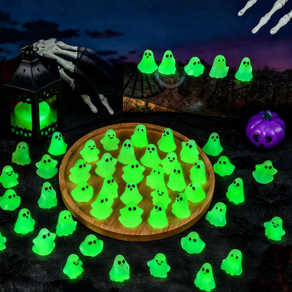 80Pcs Mini Luminous Ghost Figurines 6 Style Glow in The Dark Tiny Small Ghost Miniatures for Halloween Spooky Tiered Tray Table Centerpiece Decor Vase Filler Party Favors