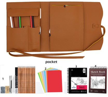 Drawing Book Cover Sketchbook Cover with Pencils Leather Artist Bag Artist Gifts Leather Art Book Cover for Sketchbook Journal Notebook (S for 5.5"x 8.5")