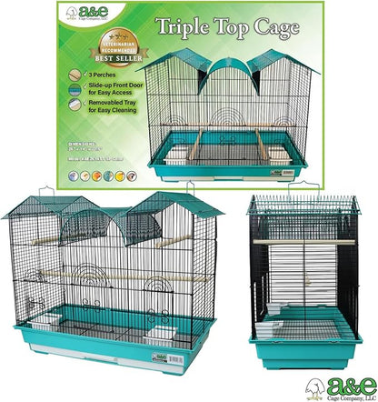 A&E Cage Co AE2614TT SP Blue Triple Top Bird Cage – 26" x 14" x 23" Decorative Small Bird Cage – Includes 2 Feeder Stations, 3 Wood Perches, Slide-Out Tray & Carry Handle (Teal)