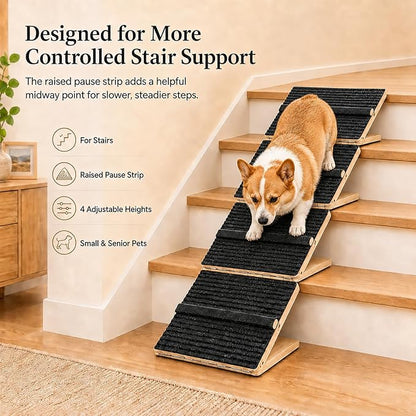 6 Pack Dog Ramp for Stairs – Solid Wood Adjustable & Foldable, 4 Heights, Non-Slip Silicone Base, Traction Felt, Raised Pause Strip, 35lb for Small & Senior Dogs
