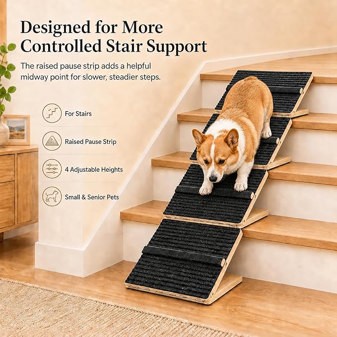 4 Pack Dog Ramp for Stairs – Solid Wood Adjustable & Foldable, 4 Heights, Non-Slip Silicone Base, Traction Felt, Raised Pause Strip, 35lb for Small & Senior Dogs