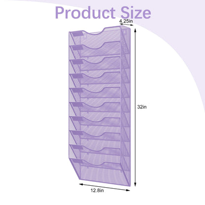 EasyPAG 10 Pocket Mesh Wall File Organizer, Hanging Paper Folder Holder with Classify Label, Vertical Wall Mount Mail Organizer for Office Home Classroom, Purple