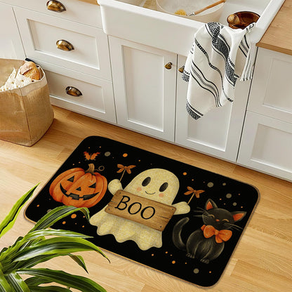 Doormat Halloween Ghost Boo Front Door Mat Indoor Outdoor Entrance,Black Cat Pumpkin Door Mat Waterproof Low Profile All-Season,Easy Clean Patio Porch Entryway Floor Rug 17x29 Inch