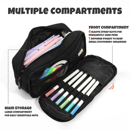SUNEE Pencil Case, Large Capacity Pencil Pouch, Extra Big Pencil Bag with 6 Compartments, 900D Oxford Pencil Box for Office Stationery Organizer, School Supplies for Teen Boys Girls Women Men, Black