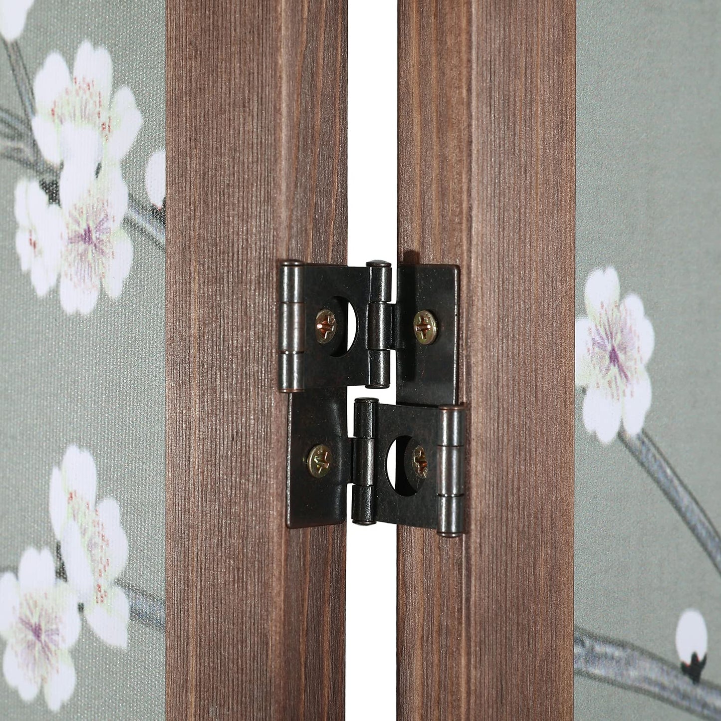 MyGift 4-Panel Asian-Inspired Folding Room Divider with Cherry Blossom Tree & Bird Design Poetry Calligraphy and Brown Wooden Frame 78''W x 70.5''H(6FT)