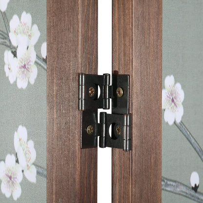 MyGift 4-Panel Asian-Inspired Folding Room Divider with Cherry Blossom Tree & Bird Design Poetry Calligraphy and Brown Wooden Frame 78''W x 70.5''H(6FT)