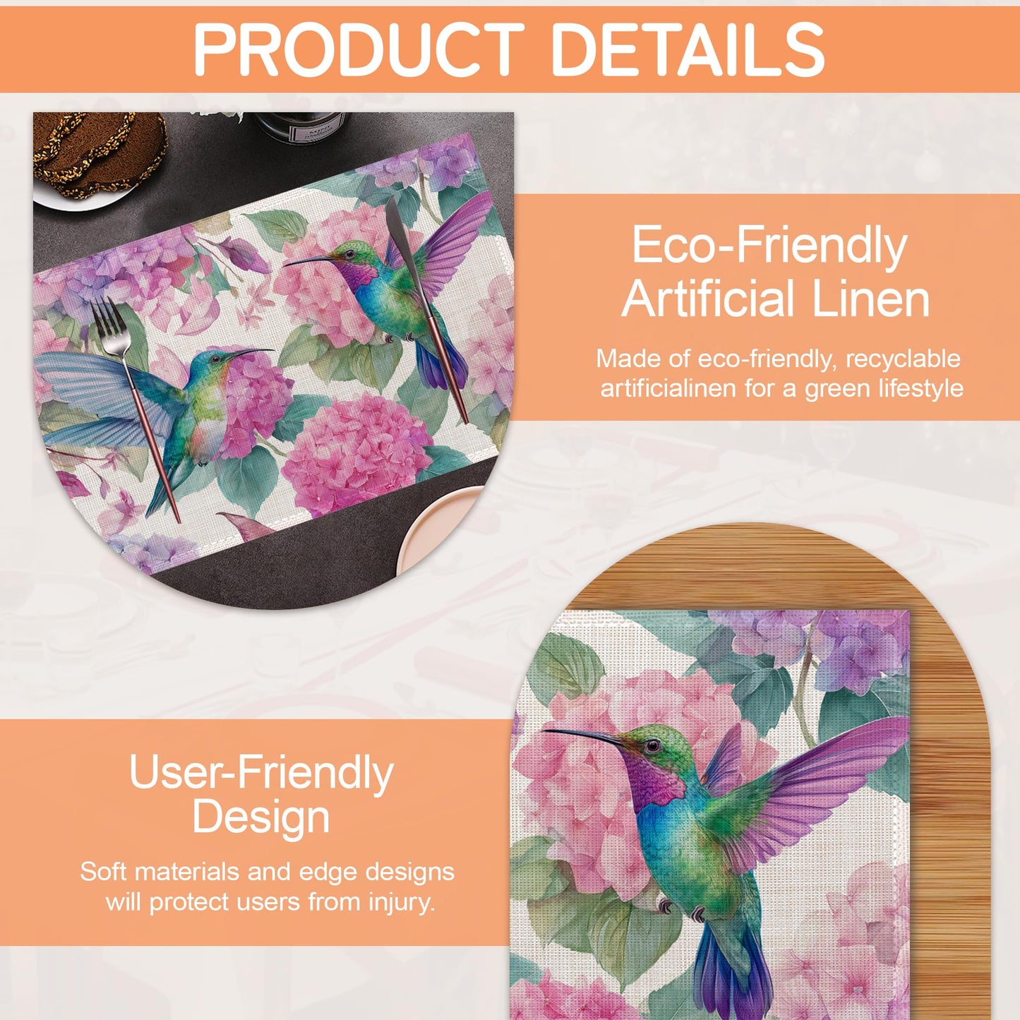 Hummingbird Placemat Set of 6,Flower Floral Heat Resistant Linen Table Mats for Indoor Outdoor Home Kitchen Dining Room Table 12x18Inch