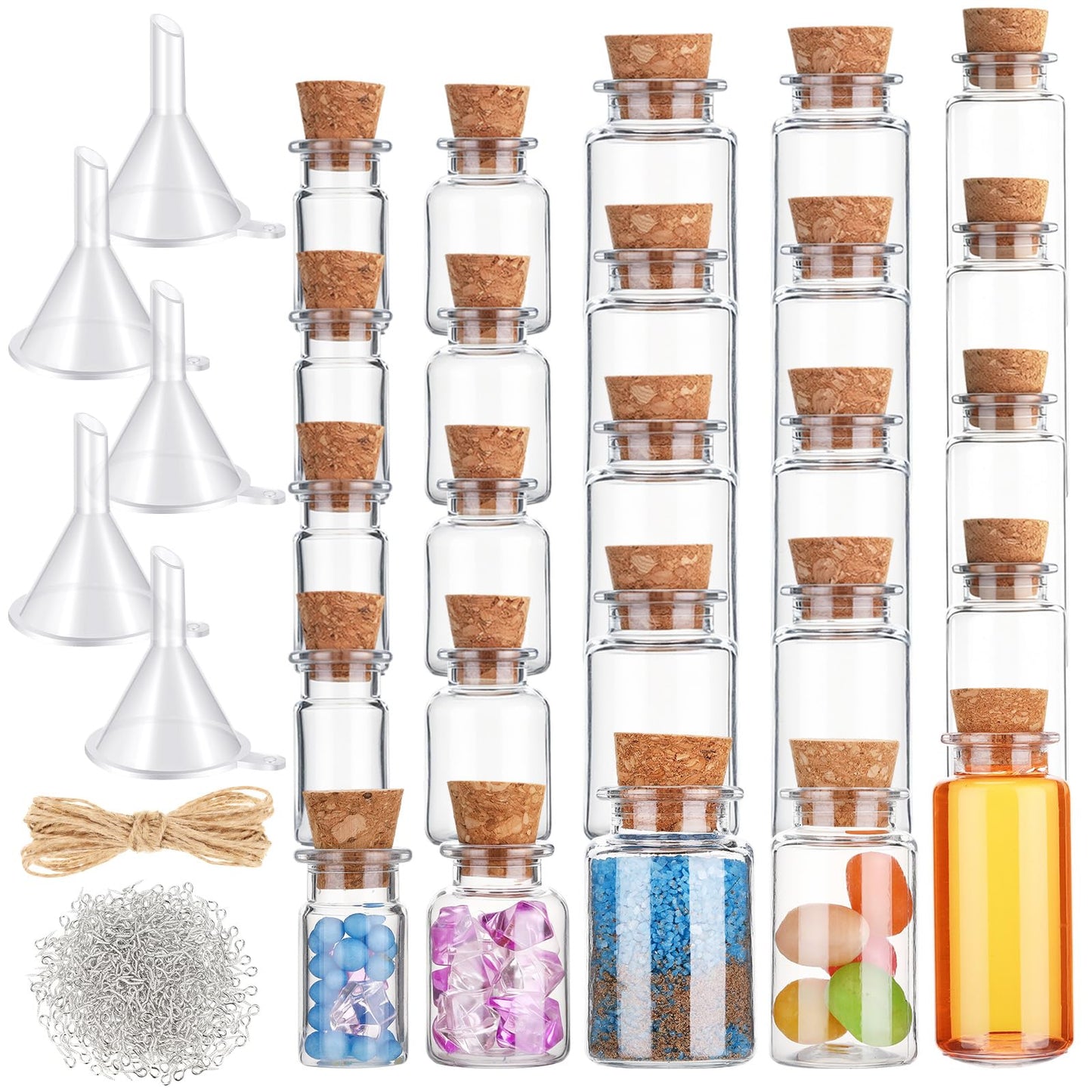 Bokon 25 Pack Mini Plastic Bottles with Corks Stoppers Eye Screws Funnels Small Potion Bottles Tiny Clear Sand Art Jar Wishing Vial for Birthday Party DIY Crafts Gift