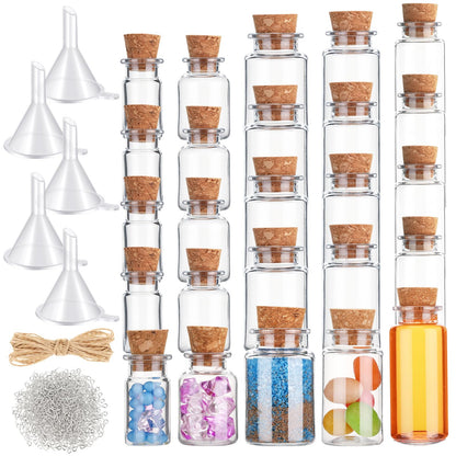 Bokon 25 Pack Mini Plastic Bottles with Corks Stoppers Eye Screws Funnels Small Potion Bottles Tiny Clear Sand Art Jar Wishing Vial for Birthday Party DIY Crafts Gift