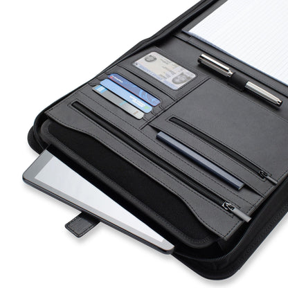 Forevermore Portfolios Padfolio Binder - Professional Faux Leather Travel Organizer Pouch for Tablet, Documents, Presentation Folders, Zipper Closure, Notepad - Black