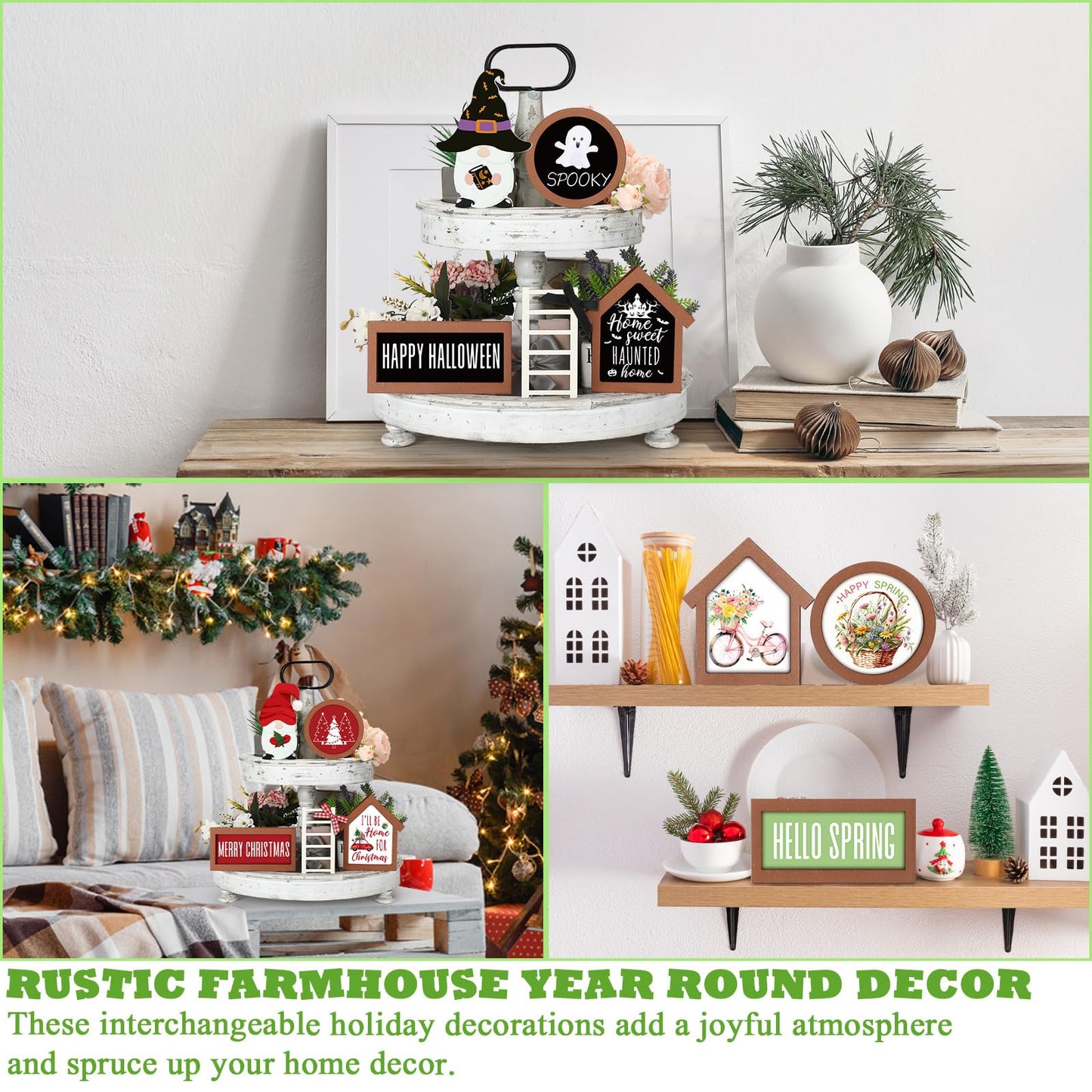 Lineshading 65 Pcs Interchangeable Seasonal Tiered Tray Decor Set Patriotic Farmhouse Summer Tiered Decorations Holiday Rustic Wooden Frames Arch Ladders Cards Bow Knot for Home Kitchen Table Decor