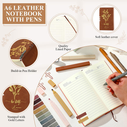 Singhoow 29 Pcs Bible Journaling Supplies Kit 16 oz Glass Cup Canvas Bag Leather Notebook Highlighters Pens Sticky Note Tapes Bible Study Supplies for Women Fathers Sunday School Teacher(Boho, Brown)