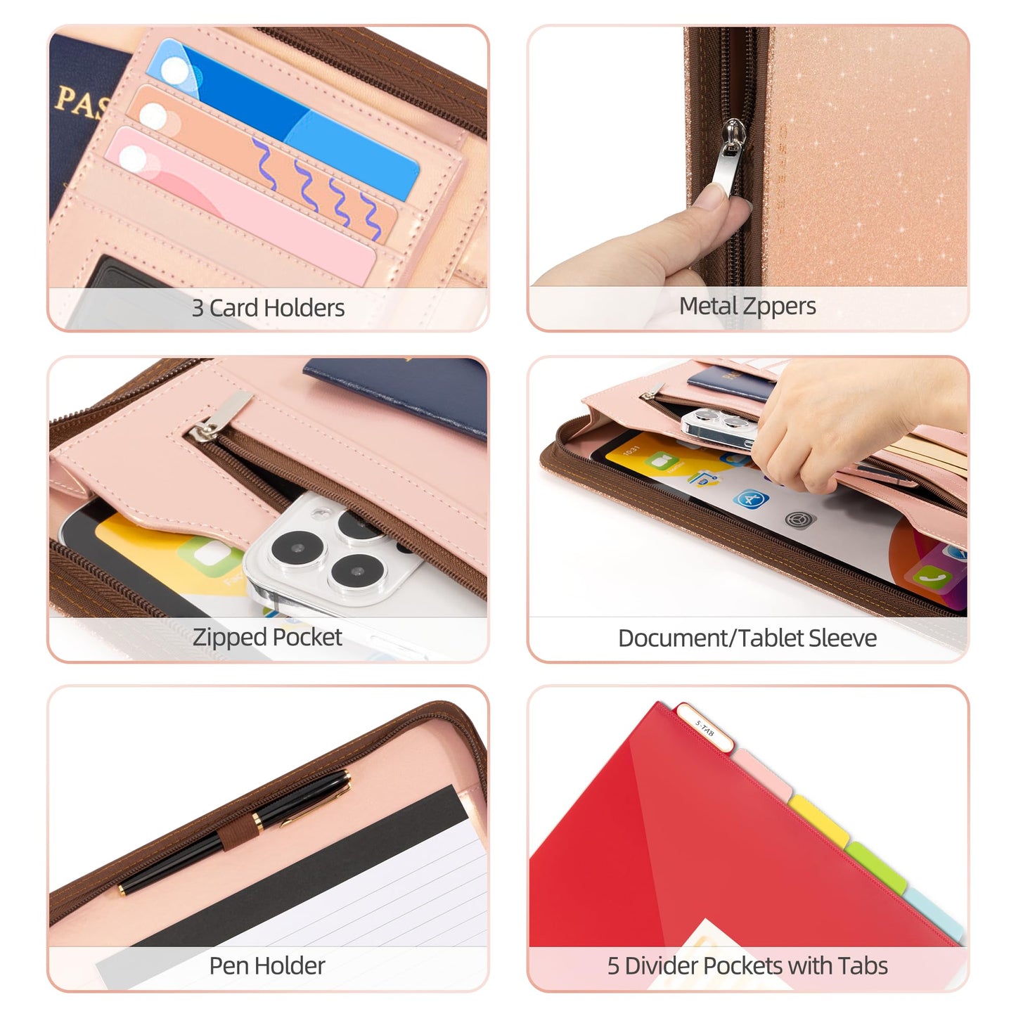 Ospelelf Clipboard with Storage, 3 Ring Binder with Zipper, Leather Padfolio Portfolio Folder, Calculator, 12.1” Tablet Sleeve, 5 Dividers with Pocket|Refillable Notepad, Card Slot (Rose Gold)