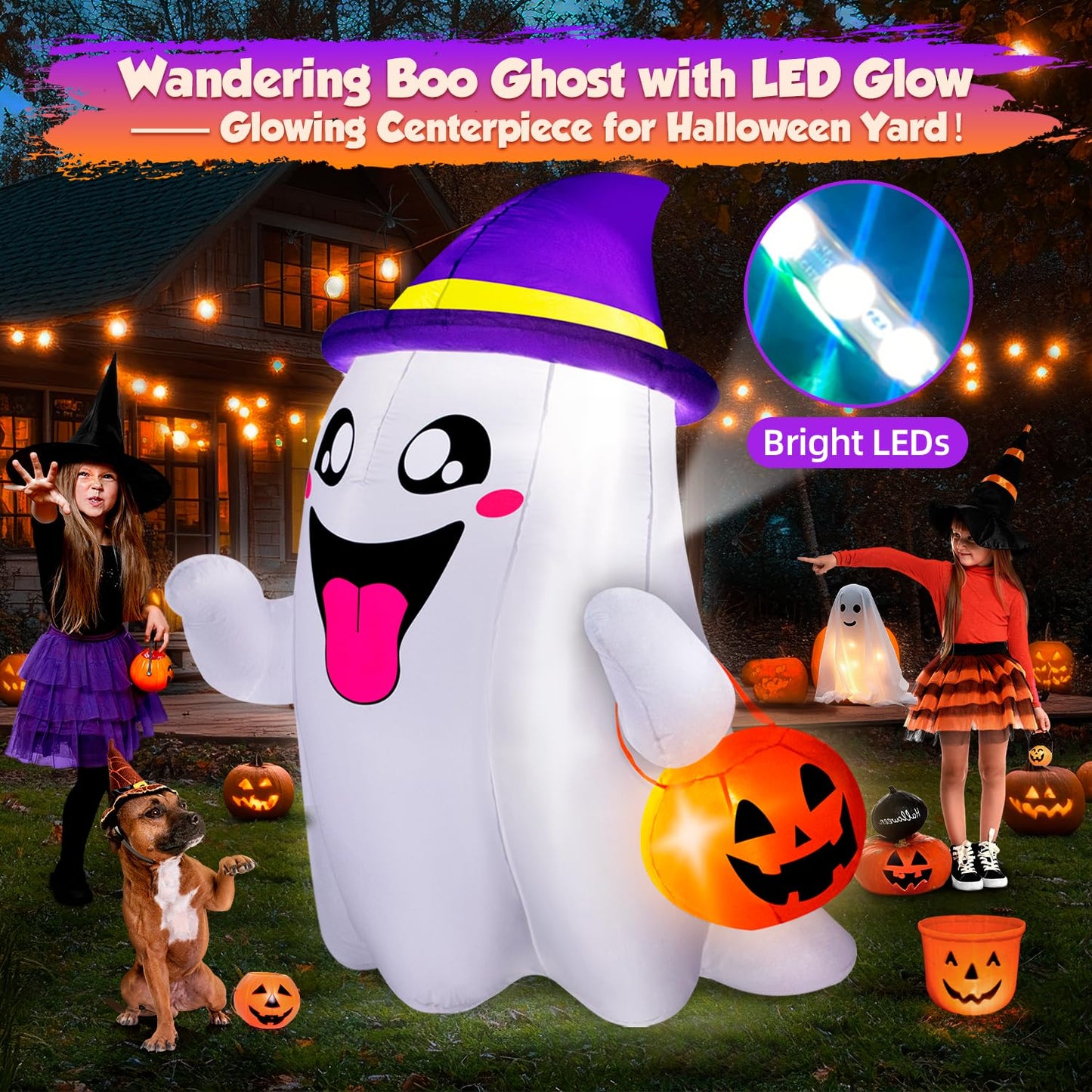5FT Halloween Inflatables Ghost with Pumpkin Halloween Decorations Outdoor Built-in Bright LED Lights Blow Up Yard Decoration Blowups for Garden Lawn Indoor Party Holiday